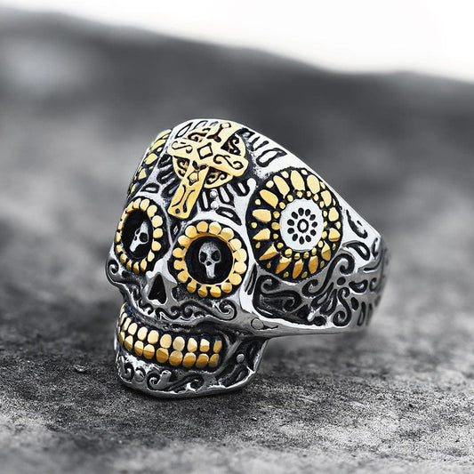 Cross Stainless Steel Sugar Skull Ring