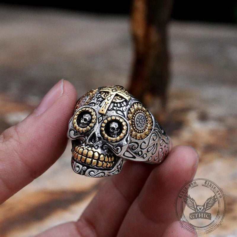 Cross Sugar Skull Ring