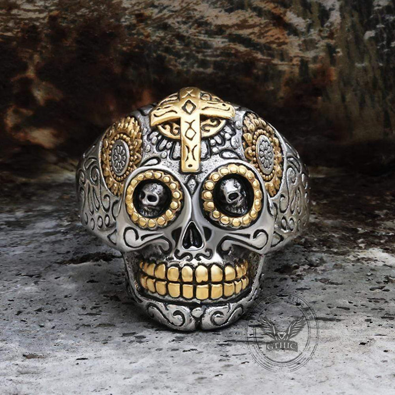 Cross Sugar Skull Ring