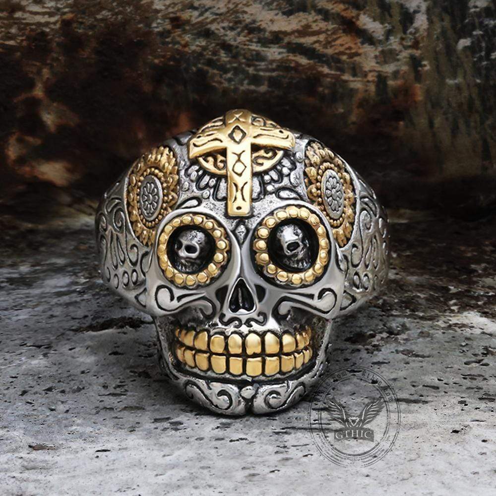 Cross Sugar Skull Ring