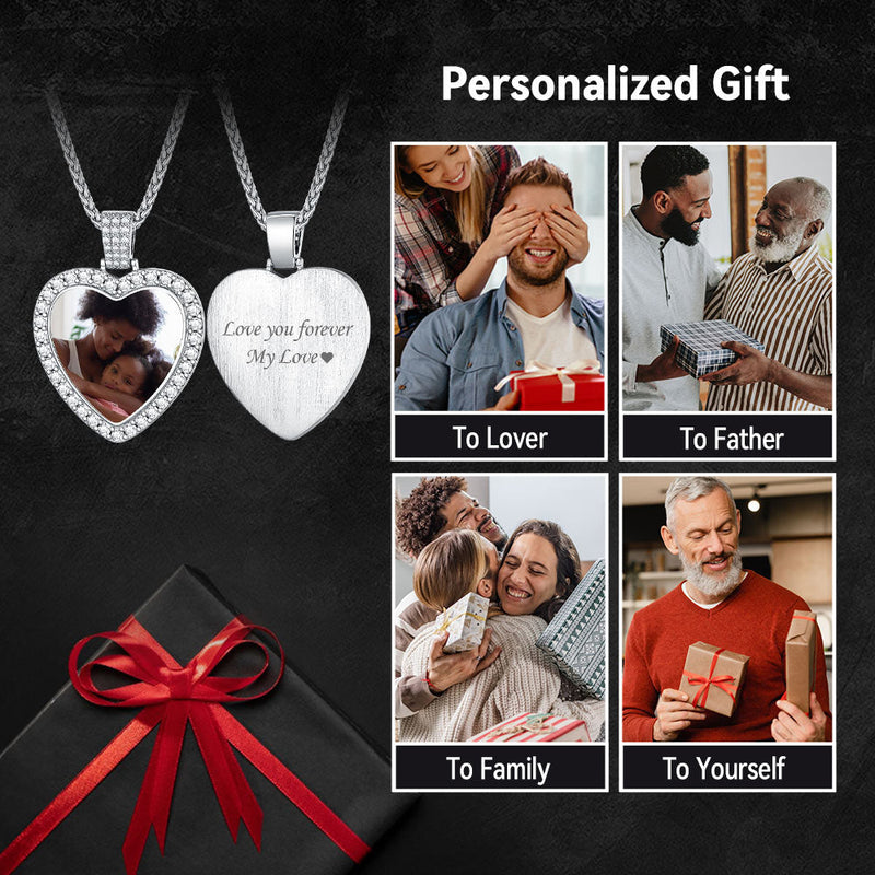 Sterling Silver Personalized Heart Picture Necklace Gift With Cubic Zirconia for