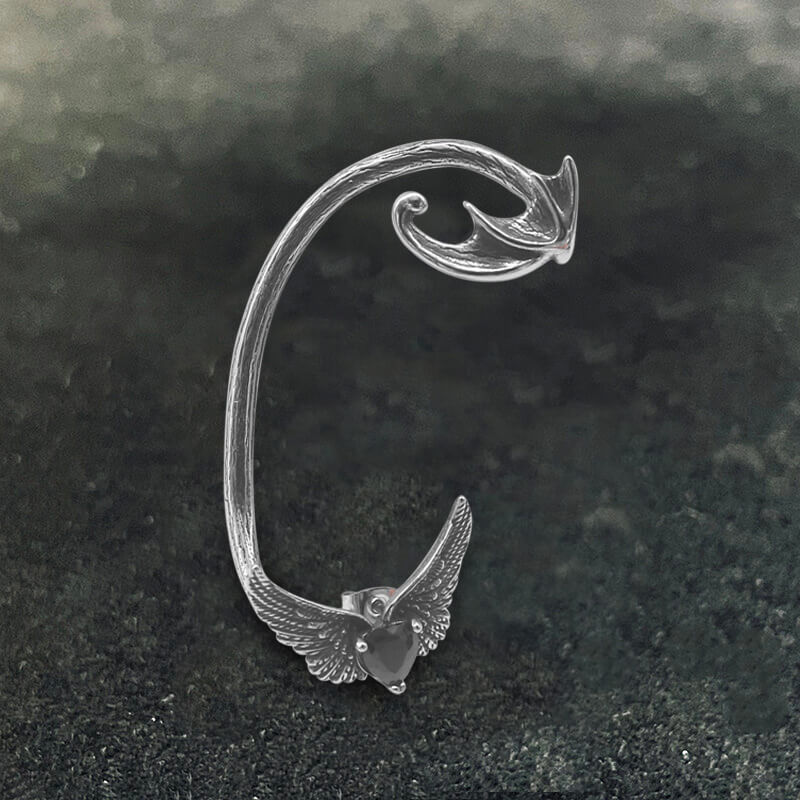 Heart Shape Zircon Devil Wings Stainless Steel Ear Cuff Earrings
