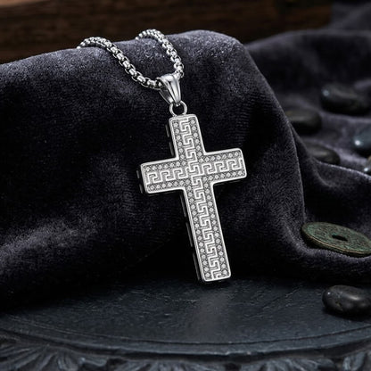 Hip Hop Great Wall Pattern Gem Cross Stainless Steel Pendant