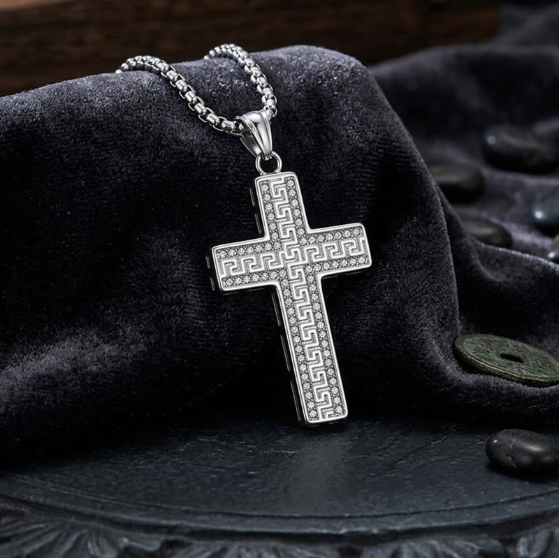 Hip Hop Great Wall Pattern Gem Cross Stainless Steel Pendant