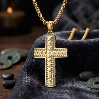 Hip Hop Great Wall Pattern Gem Cross Stainless Steel Pendant