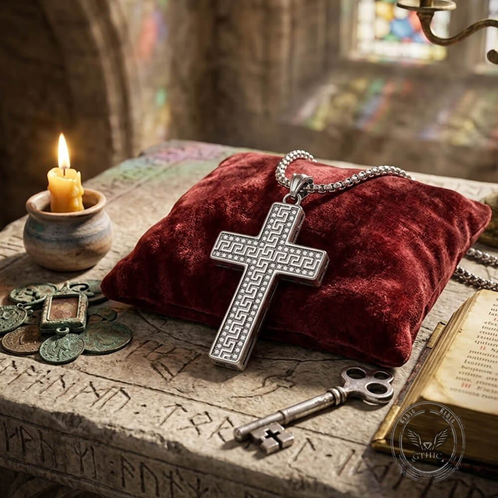 Hip Hop Great Wall Pattern Gem Cross Stainless Steel Pendant