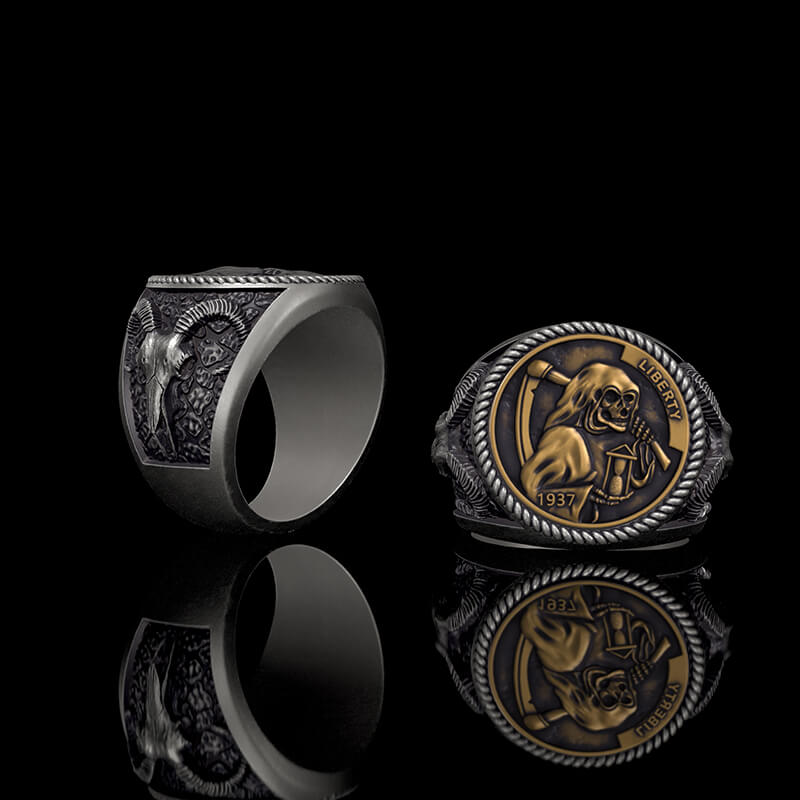 Hobo Nickel Grim Reaper Sterling Silver Skull Ring