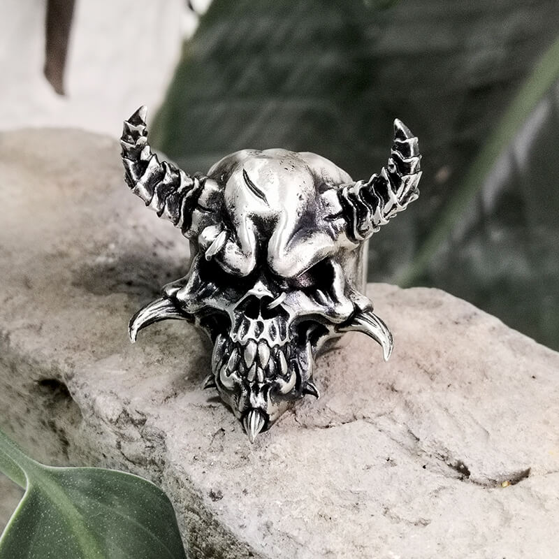 Horned Demon Skull Sterling Silver Ring