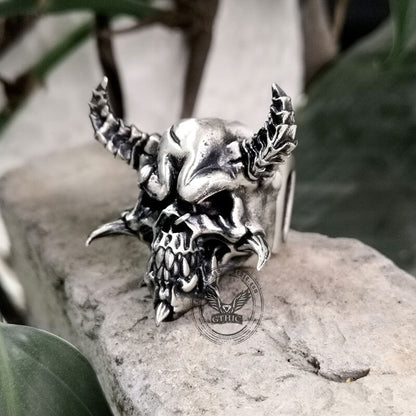 Horned Demon Skull Sterling Silver Ring