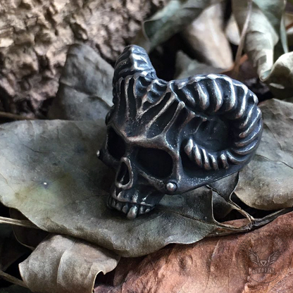 Horned Devil Stainless Steel Skull Ring