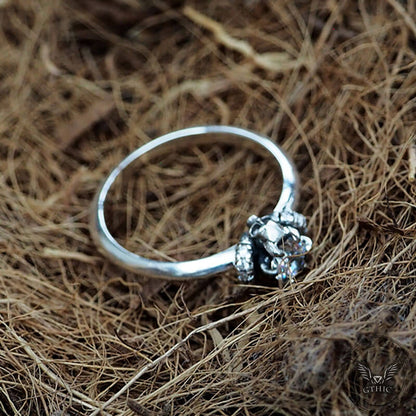 Horned Skull Inlaid Zircon Sterling Silver Ring