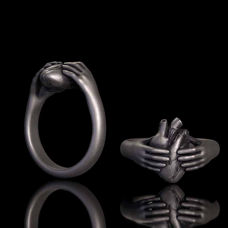 Horror Hands Holding a Heart Sterling Silver Ring