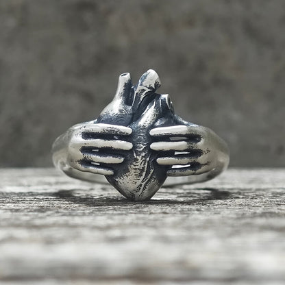 Horror Hands Holding a Heart Sterling Silver Ring