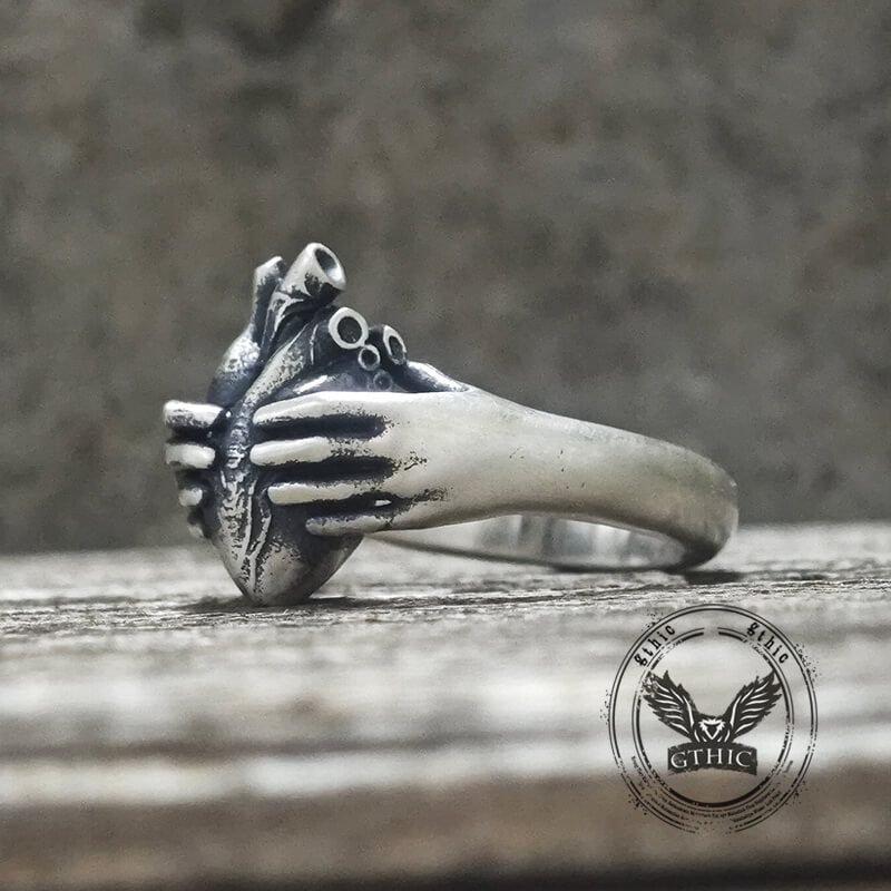 Horror Hands Holding a Heart Sterling Silver Ring
