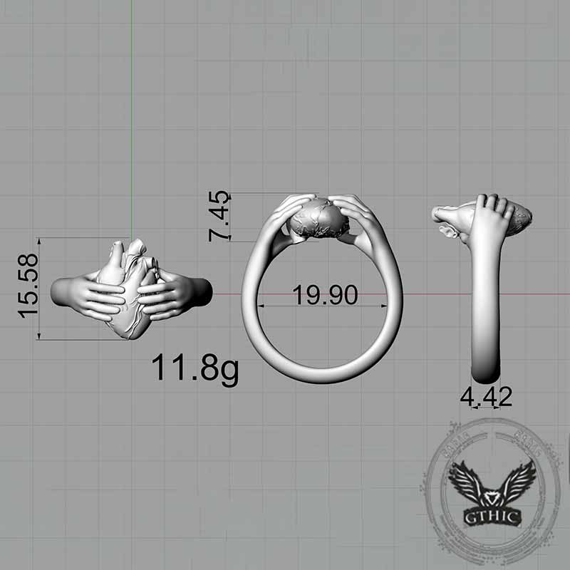 Horror Hands Holding a Heart Sterling Silver Ring
