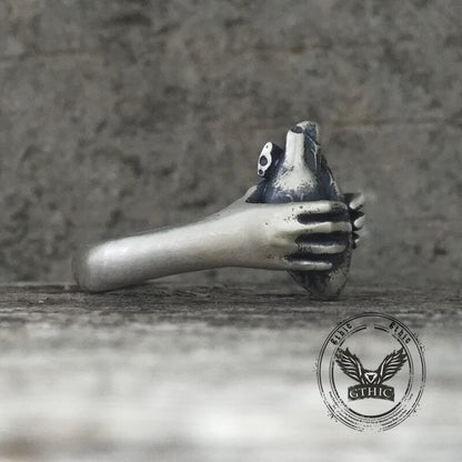 Horror Hands Holding a Heart Sterling Silver Ring