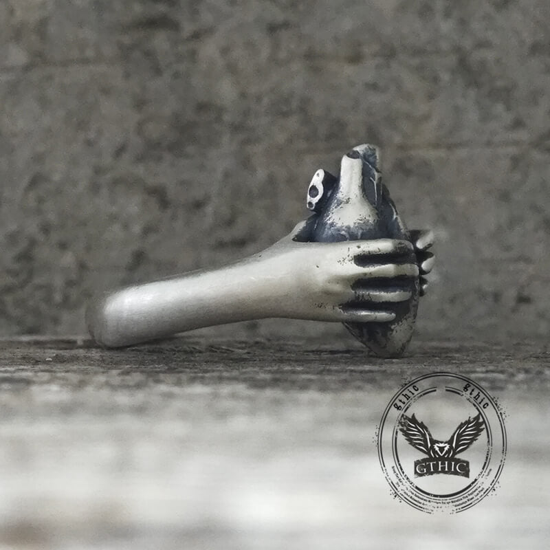 Horror Hands Holding a Heart Sterling Silver Ring