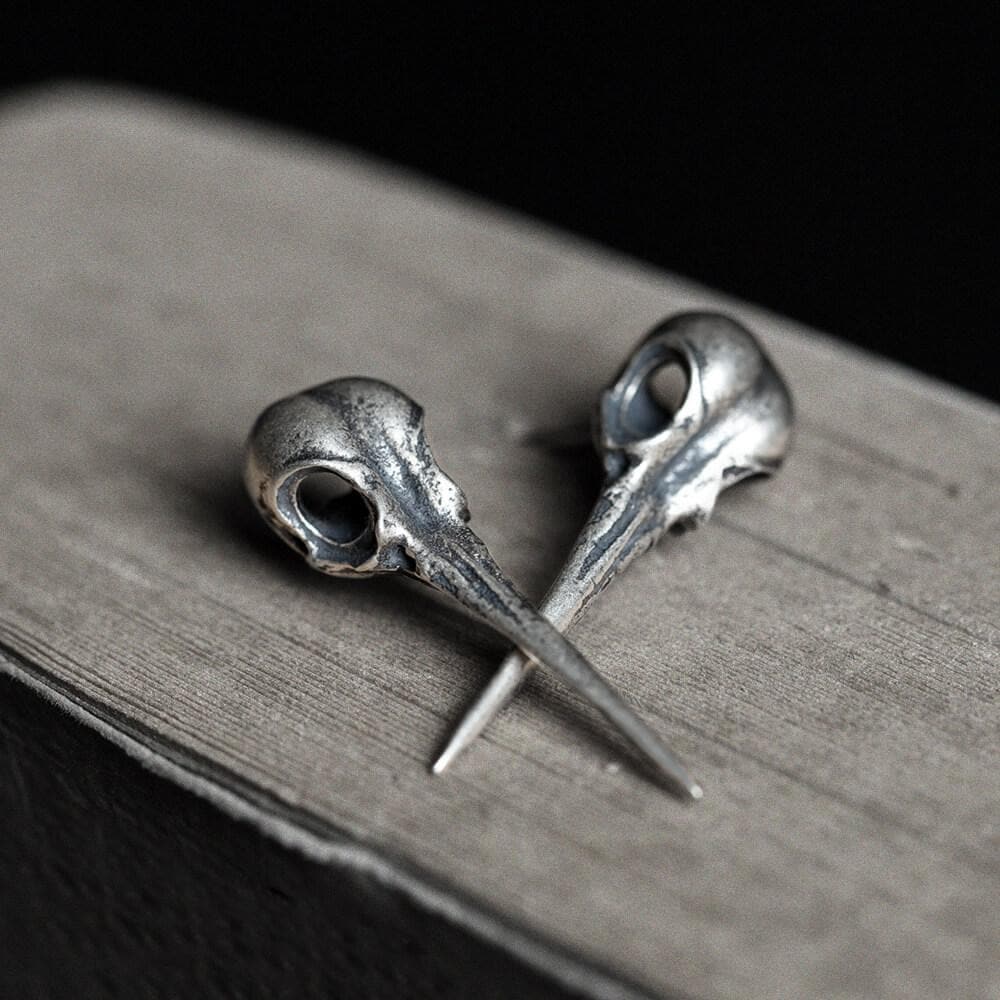 Hummingbird Skull Sterling Silver Stud Earrings