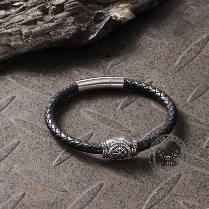 Icelandic Magic Symbol Stainless Steel Leather Bracelet