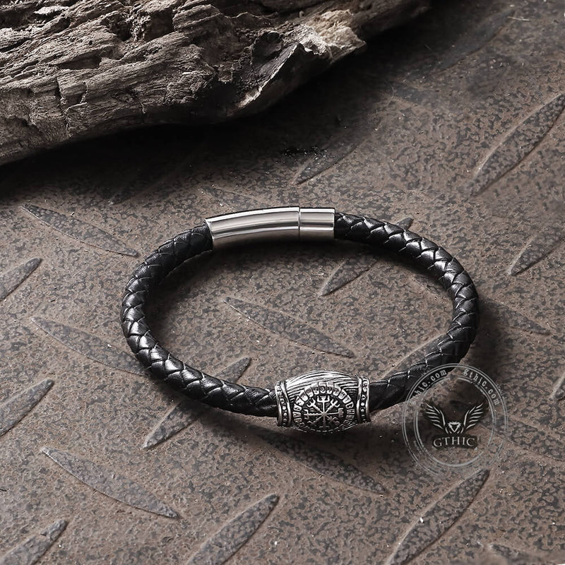 Icelandic Magic Symbol Stainless Steel Leather Bracelet