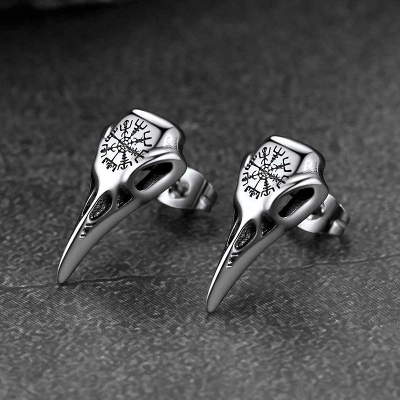 Viking Raven Skull Stud Earrings With Viking Vegvisir for