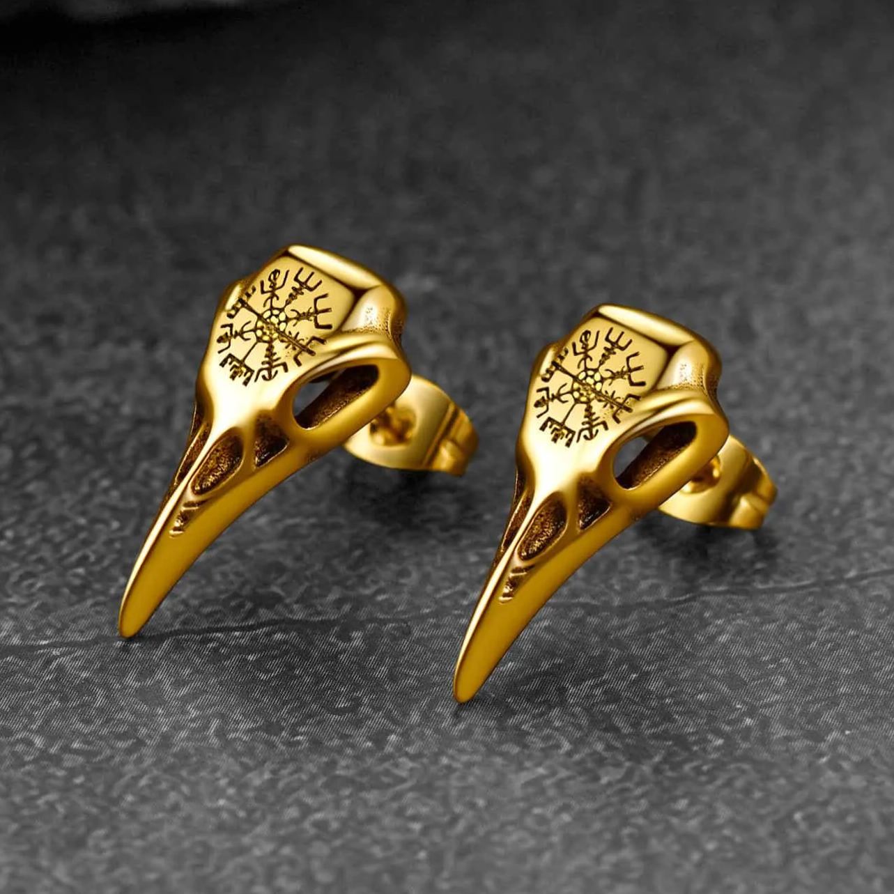 Viking Raven Skull Stud Earrings With Viking Vegvisir for