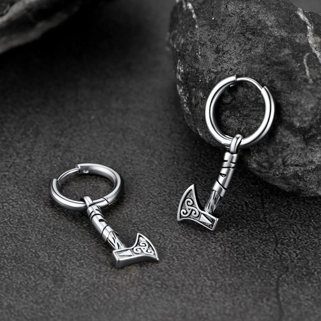 Battle Axe Viking Dangle Hoop Earrings for
