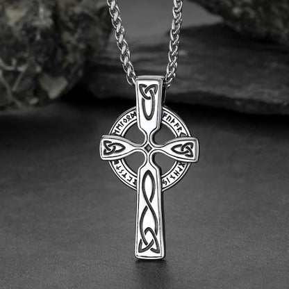 Irish Celtic Cross Pendant Necklace With Viking Runes for