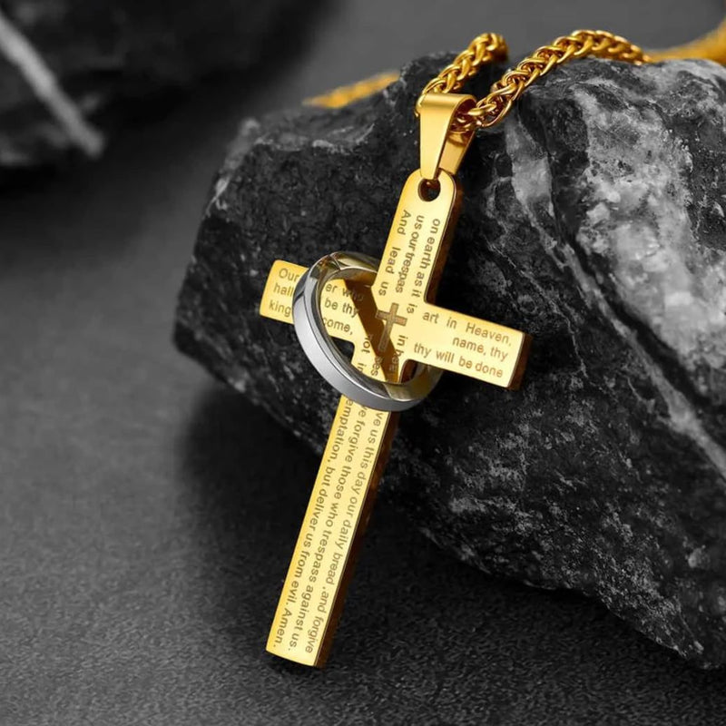 Lord's Prayer Cross Necklace With Halo Ring for