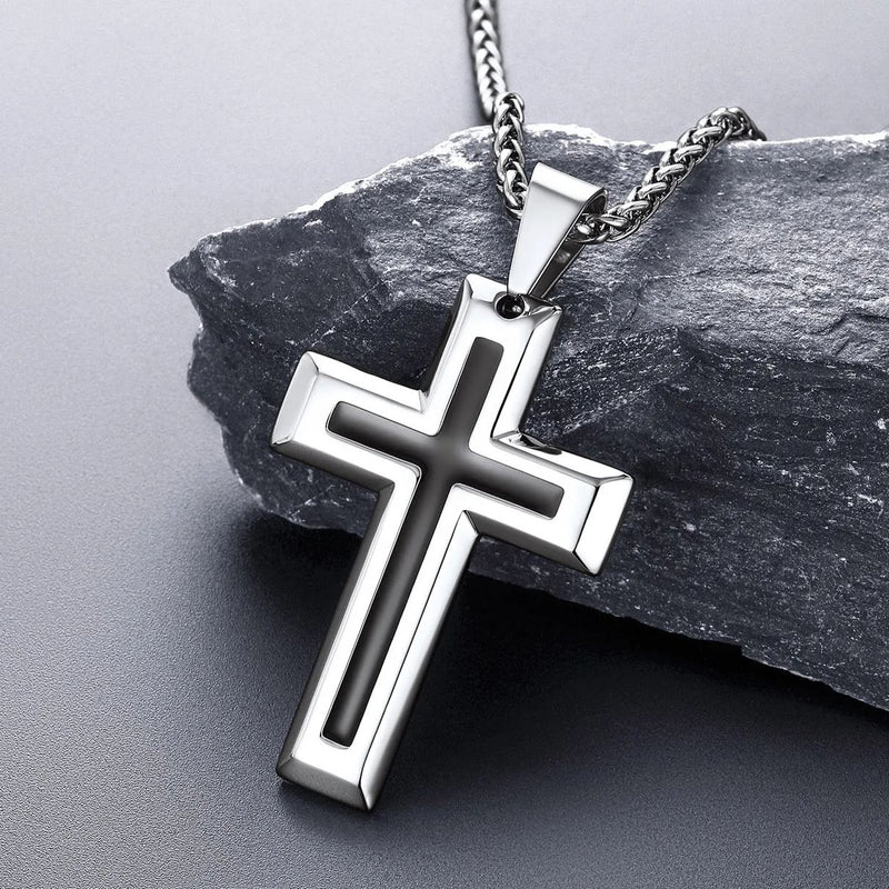 Christian Black Enamel Cross Pendant Necklace for
