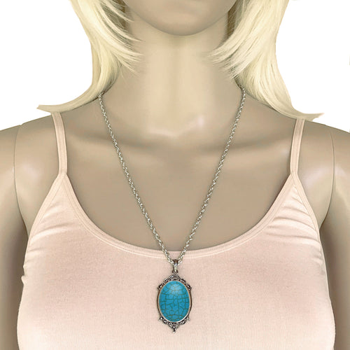 Antique Silver Turquoise Resin Cabochon Pendant on Fancy Rope Chain Necklace, 24"
