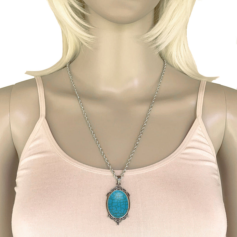 Antique Silver Turquoise Resin Cabochon Pendant on Fancy Rope Chain Necklace, 24