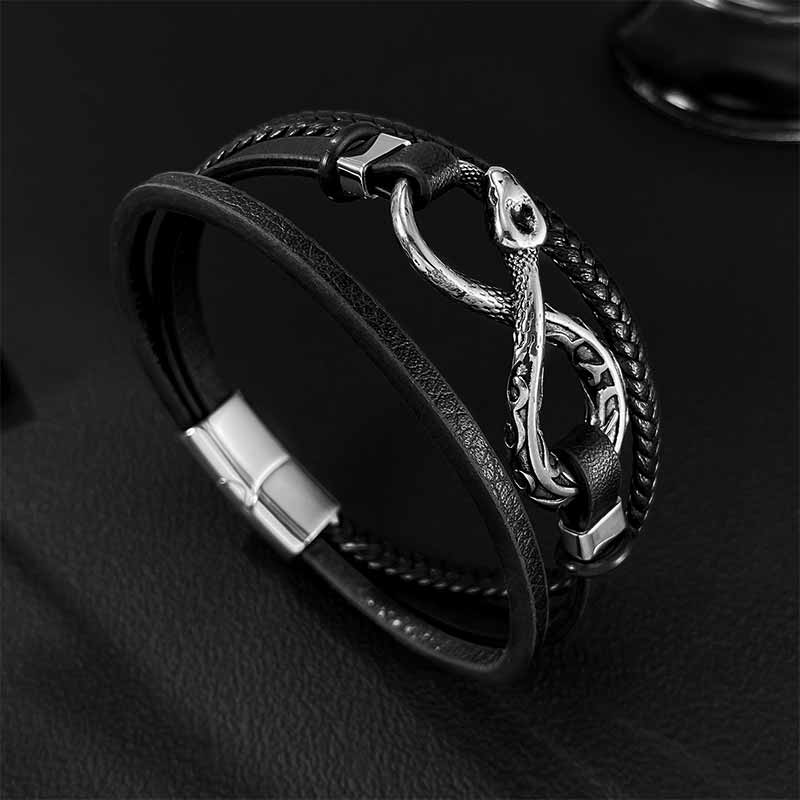 Infinity Ouroboros Stainless Steel Leather Bracelet