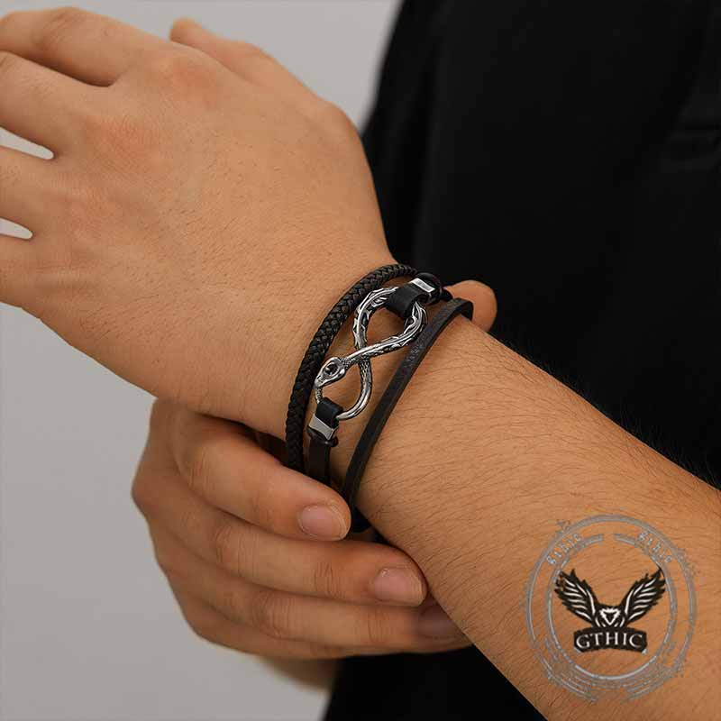 Infinity Ouroboros Stainless Steel Leather Bracelet