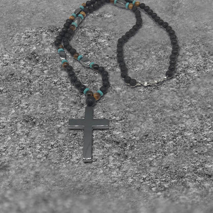 Latin Cross Stone Bead Biker Rosary Necklace