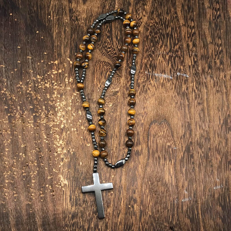 Latin Cross Stone Bead Biker Rosary Necklace