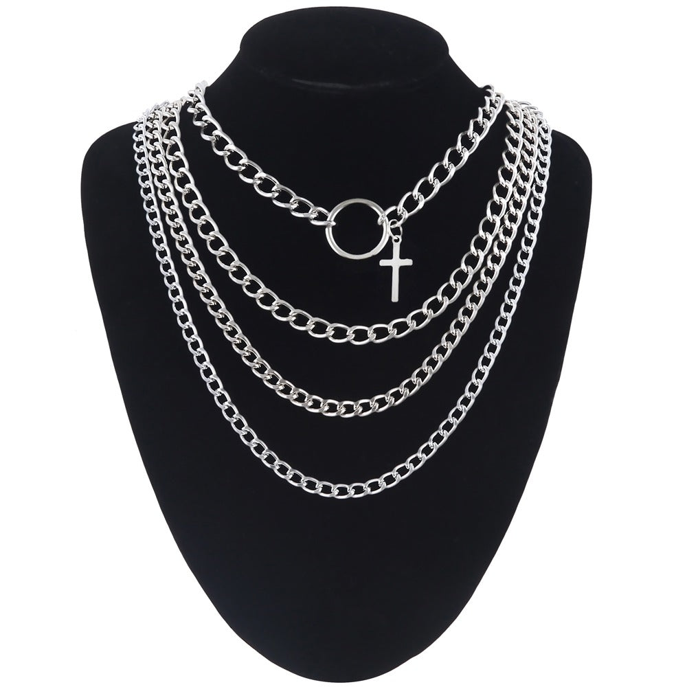 Layered Chain With Cross and Ring / 4pcs-set Aesthetic Choker / and Necklace