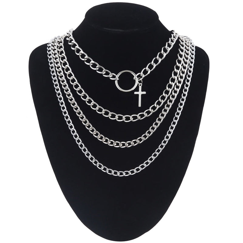 Layered Chain With Cross and Ring / 4pcs-set Aesthetic Choker / and Necklace