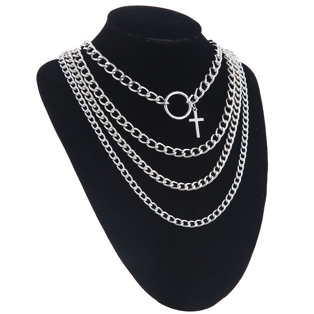 Layered Chain With Cross and Ring / 4pcs-set Aesthetic Choker / and Necklace