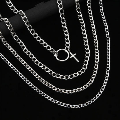 Layered Chain With Cross and Ring / 4pcs-set Aesthetic Choker / and Necklace