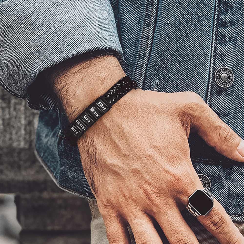 Personalized Braided Leather Bracelet With Engraved Name Beaded for