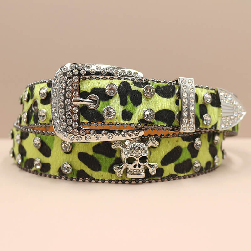 Leopard Print Rhinestone Skull Y2k Pu Leather Belt