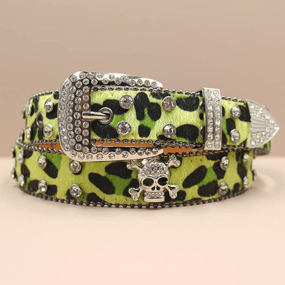 Leopard Print Rhinestone Skull Y2k Pu Leather Belt