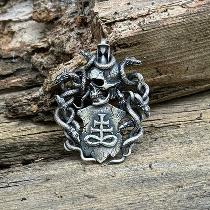 Leviathan Cross Snake Sterling Silver Skull Pendant