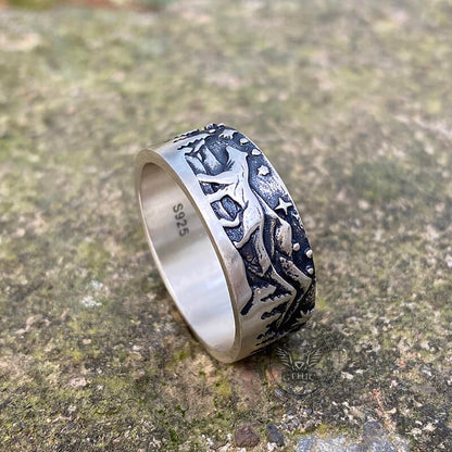 Loyal Wolf Pattern Sterling Silver Embossed Ring