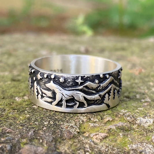 Loyal Wolf Pattern Sterling Silver Embossed Ring