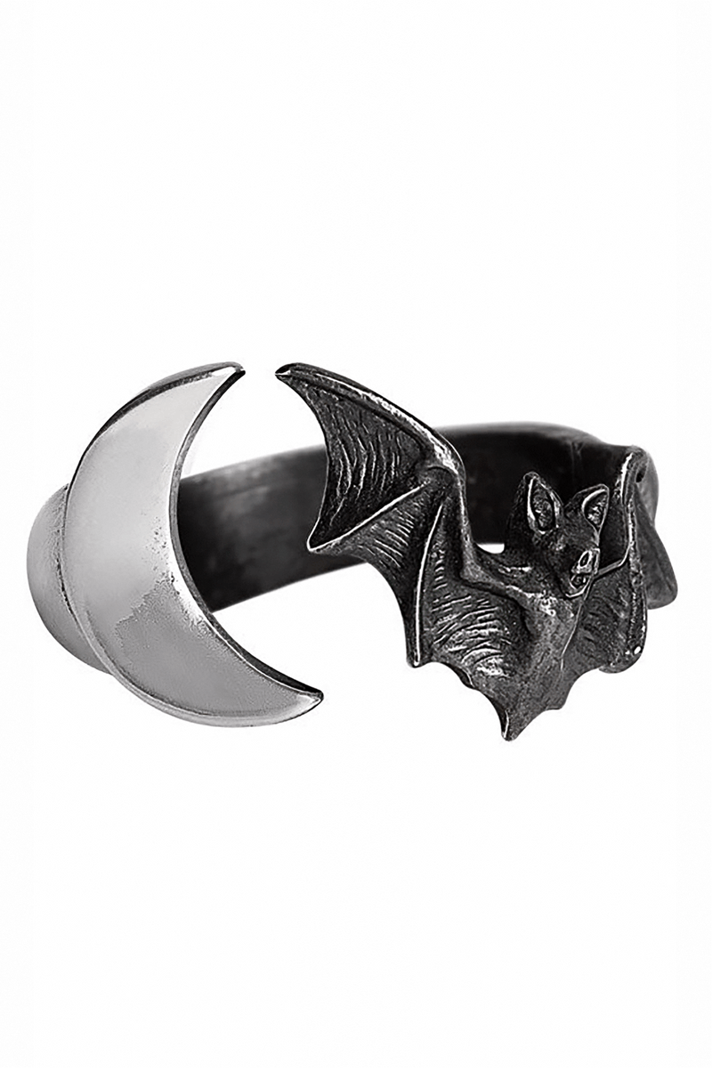 Lunatious Ring With Crescent Moon and Bat Design