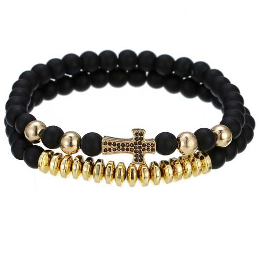 Bracelet Natural Lava Stone Beads With Cross / Alternative Jewelry