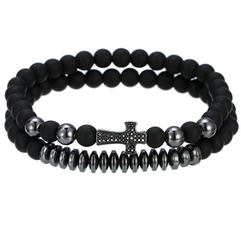 Bracelet Natural Lava Stone Beads With Cross / Alternative Jewelry