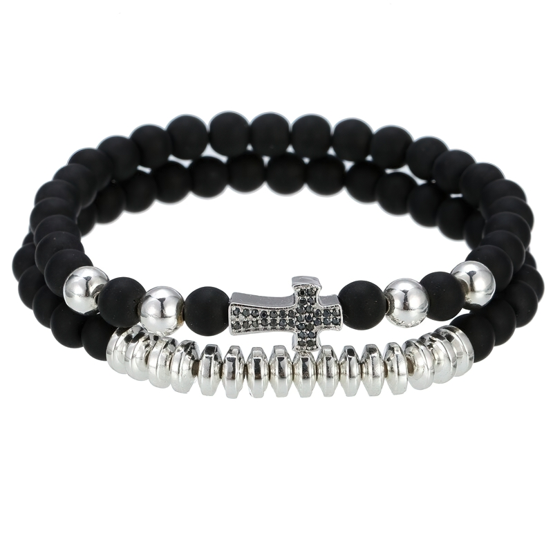 Bracelet Natural Lava Stone Beads With Cross / Alternative Jewelry